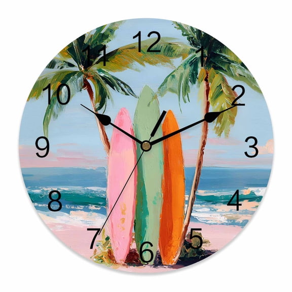 Wall Clock Summer Beach Clocks PVC Silent Non-Ticking Battery Operated Decorative Tropical Palm Trees Surfboard Round Clock for Home Living Room Kitchen Bedroom Office School Wall Decor 10 Inch