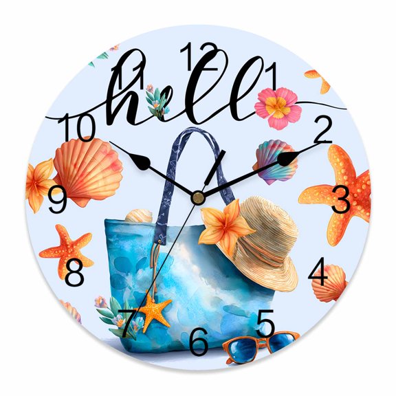 Wall Clock Summer Beach Hat Tote Bag Clocks PVC Silent Non-Ticking Battery Operated Blue Starfish Shell Hello Round Clock for Home Living Room Kitchen Bedroom Office School Wall Decor 10 Inch