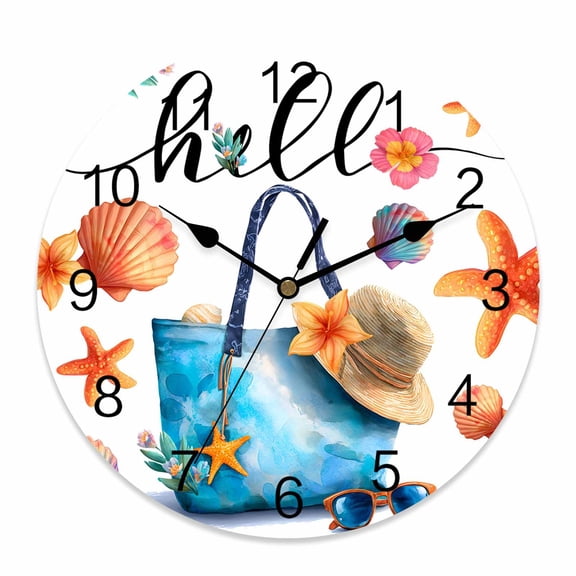 Wall Clock Summer Beach Hat Tote Bag Clocks PVC Silent Non-Ticking Battery Operated Decorative Starfish Shell Hello Round Clock for Home Living Room Kitchen Bedroom Office School Wall Decor 10 Inch