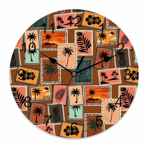 Wall Clock Summer Beach Palm Tree Clocks PVC Silent Non-Ticking Battery Operated Tropical Sunset Island Stamp Round Clock for Home Living Room Kitchen Bedroom Office School Wall Decor 10 Inch