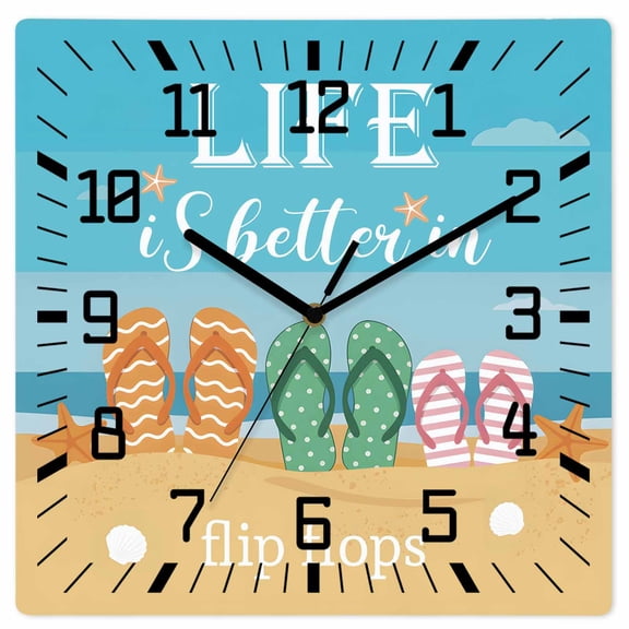 Wall Clock Summer Beach Starfish Operated Square Clocks Wooden Silent Non-Ticking Wallclock 10 Inch Life Is Better in Flip Flops Wood Wall Clock for Living Room Bedroom Office Shool Home Decor