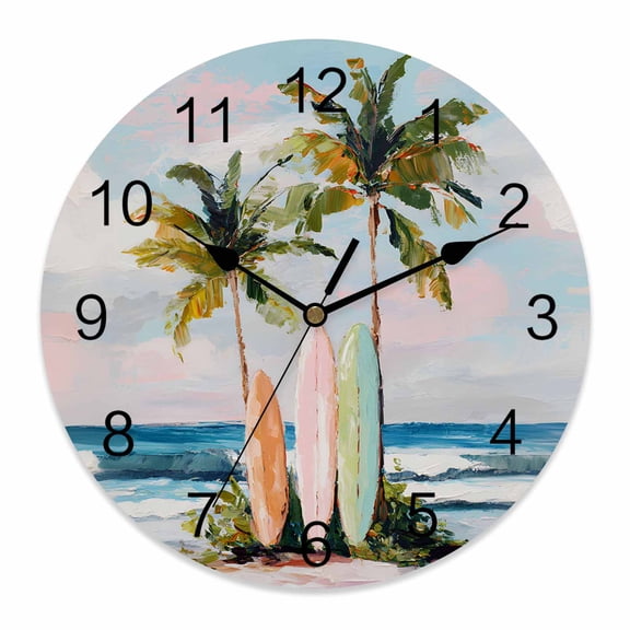 Wall Clock Summer Beach Surfboard Clocks PVC Silent Non-Ticking Battery Operated Decorative Tropical Palm Trees Round Clock for Home Living Room Kitchen Bedroom Office School Wall Decor 12 Inch