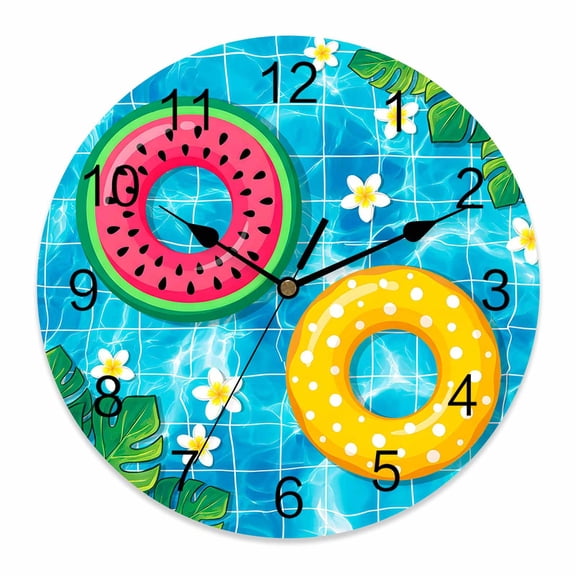 Wall Clock Summer Beach Swimming Ring Clocks PVC Silent Non-Ticking Battery Operated Decorative Palm Leaves Pool Round Clock for Home Living Room Kitchen Bedroom Office School Wall Decor 14 Inch