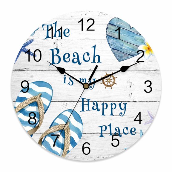 Wall Clock Summer Flip Flops Clocks PVC Silent Non-Ticking Battery Operated The Beach Is My Happy Place Wood Round Clock for Home Living Room Kitchen Bedroom Office School Wall Decor 10 Inch