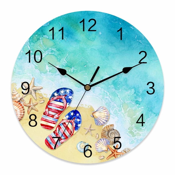 Wall Clock Summer Flip Flops Clocks PVC Silent Non-Ticking Battery Operated Decorative Beach Starfish Shells Round Clock for Home Living Room Kitchen Bedroom Office School Wall Decor 10 Inch
