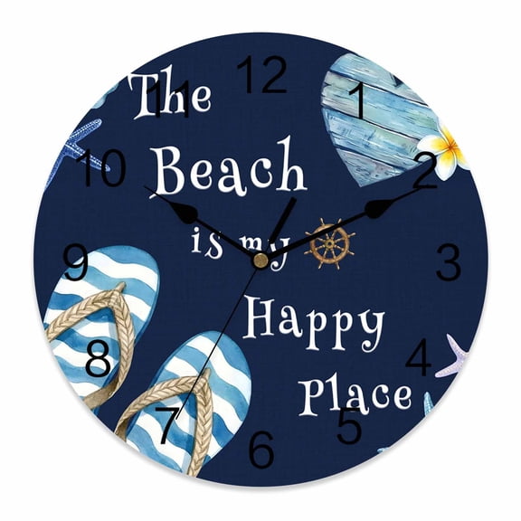 Wall Clock Summer Flip Flops Clocks PVC Silent Non-Ticking Battery Operated Navy The Beach Is My Happy Place Round Clock for Home Living Room Kitchen Bedroom Office School Wall Decor 12 Inch