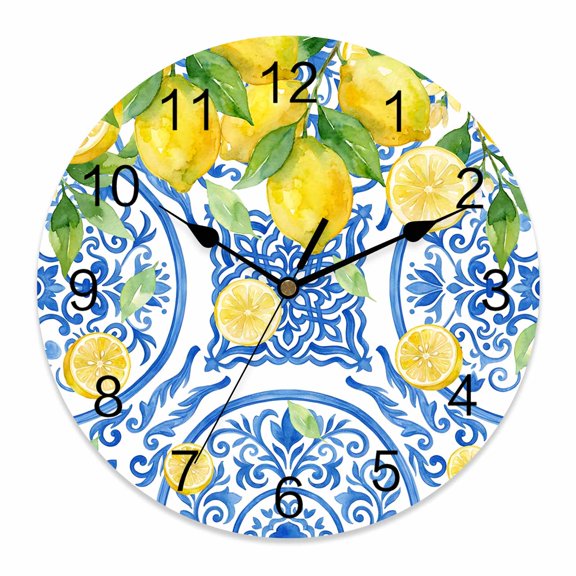 Wall Clock Summer Lemon Clocks PVC Silent Non-Ticking Battery Operated Decorative Fruit Blue Flower Pattern Round Clock for Home Living Room Kitchen Bedroom Office School Wall Decor 12 Inch