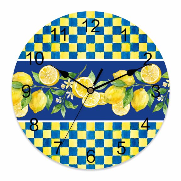 Wall Clock Summer Lemon Clocks PVC Silent Non-Ticking Battery Operated Decorative Fruit Blue Yellow Plaid Round Clock for Home Living Room Kitchen Bedroom Office School Wall Decor 14 Inch