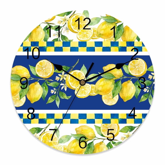 Wall Clock Summer Lemon Clocks PVC Silent Non-Ticking Battery Operated Decorative Fruit Yellow Blue Plaid Round Clock for Home Living Room Kitchen Bedroom Office School Wall Decor 12 Inch