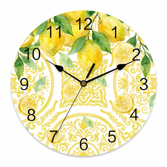 Wall Clock Summer Lemon Clocks PVC Silent Non-Ticking Battery Operated Decorative Fruit Yellow Flower Pattern Round Clock for Home Living Room Kitchen Bedroom Office School Wall Decor 10 Inch