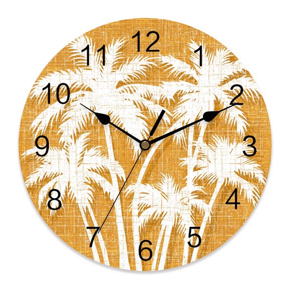 Wall Clock Summer Tropical Palm Leaves Clocks PVC Silent Non-Ticking Battery Operated Decorative Coastal Orange Linen Round Clock for Home Living Room Kitchen Bedroom Office Wall Decor 10 Inch