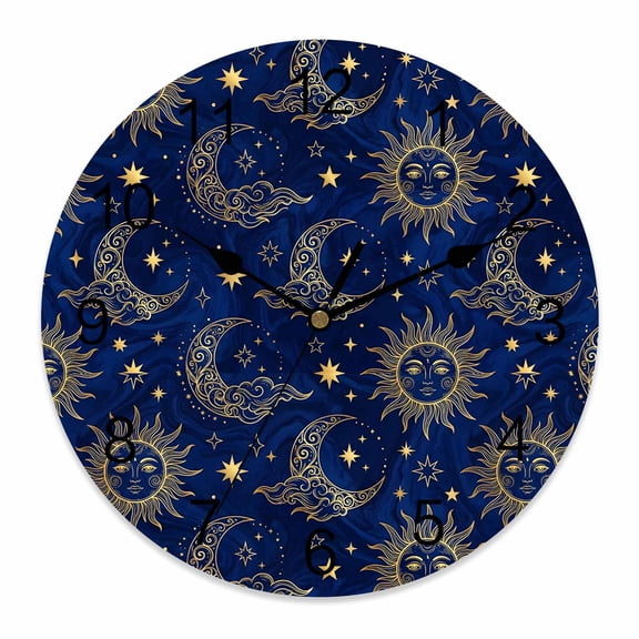 Wall Clock Sun and Moon Clocks PVC Silent Non-Ticking Battery Operated Decorative Bohemian Star Starry Night Round Clock for Home Living Room Kitchen Bedroom Office School Wall Decor 10 Inch