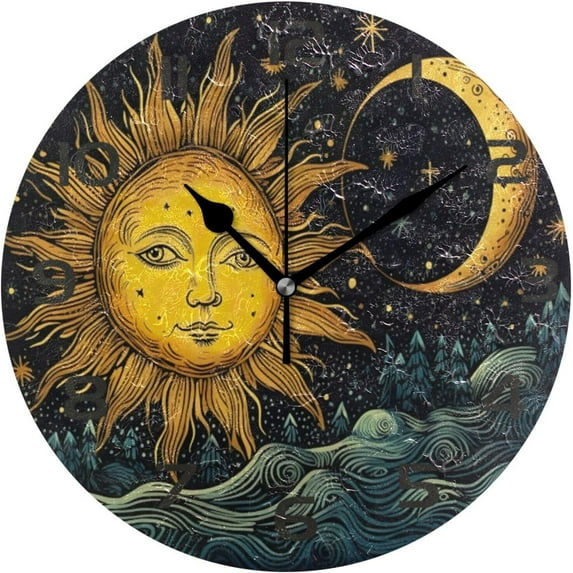 Wall Clock Sun and Moon 10 Inch Silent Non Ticking Quality Quartz Battery Operated Digital Round Easy to Read for Home Office Kitchen Home Decor