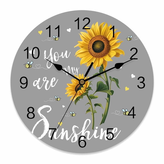 Wall Clock Sunflower Bees Clocks PVC Silent Non-Ticking Battery Operated Decorative Grey You Are My Sunshine Round Clock for Home Living Room Kitchen Bedroom Office School Wall Decor 10 Inch