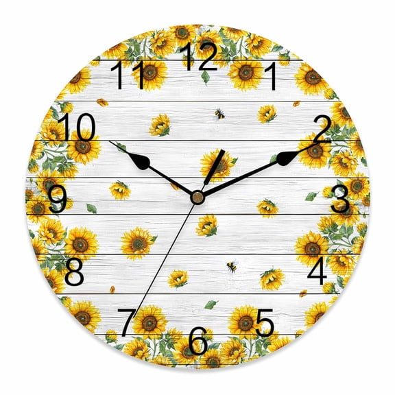 Wall Clock Sunflower Clocks PVC Silent Non-Ticking Battery Operated Decorative Bee Farmhouse Floral Wood Grain Round Clock for Home Living Room Kitchen Bedroom Office School Wall Decor 14 Inch