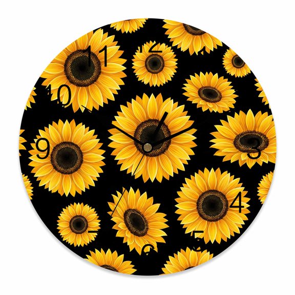Wall Clock Sunflower Flower Clocks PVC Silent Non-Ticking Battery Operated Decorative Black Yellow Bloom Floral Round Clock for Home Living Room Kitchen Bedroom Office School Wall Decor 10 Inch