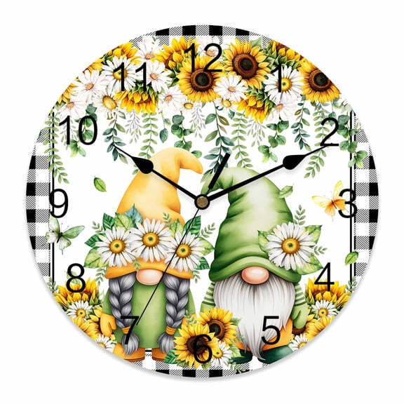 Wall Clock Sunflower Gnome Clocks PVC Silent Non-Ticking Battery Operated Green Leaves Butterfly Daisy Flower Round Clock for Home Living Room Kitchen Bedroom Office School Wall Decor 10 Inch