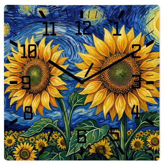 Wall Clock Sunflower Operated Square Clocks Wooden Silent Non-Ticking Wallclock 10 Inch Star Moon Clouds Starry Sky Wood Wall Clock for Living Room Bedroom Office Shool Home Decor