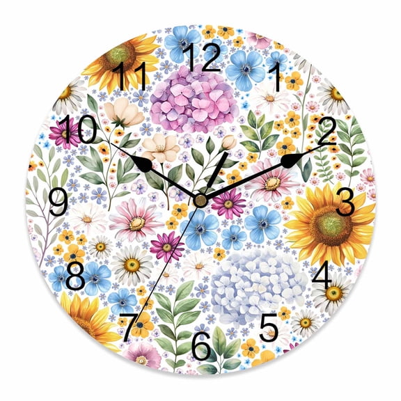 Wall Clock Sunflowers Hydrangea Floral Clocks PVC Silent Non-Ticking Battery Operated Decorative Daisy Green Leaves Round Clock for Home Living Room Kitchen Bedroom Office School Wall Decor 10 Inch