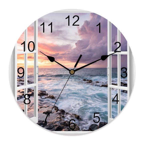 Wall Clock Sunset Clouds Window View Clocks PVC Silent Non-Ticking Battery Operated Decorative Summer Beach Waves Round Clock for Home Living Room Kitchen Bedroom Office School Wall Decor 10 Inch