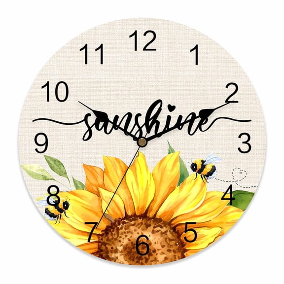 Wall Clock Sunshine Sunflower Clocks PVC Silent Non-Ticking Battery Operated Decorative Bee Farmhouse Linen Round Clock for Home Living Room Kitchen Bedroom Office School Wall Decor 10 Inch