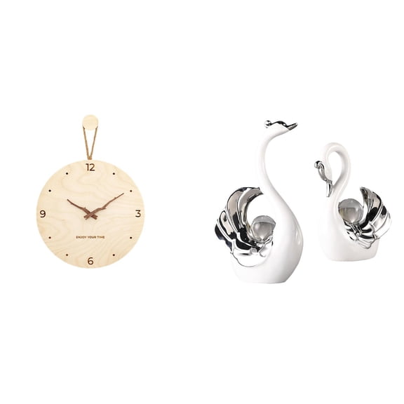 Wall Clock Swan Statue Animal Centerpiece Wood Silent Operation Home Office Living Room Table Decoration