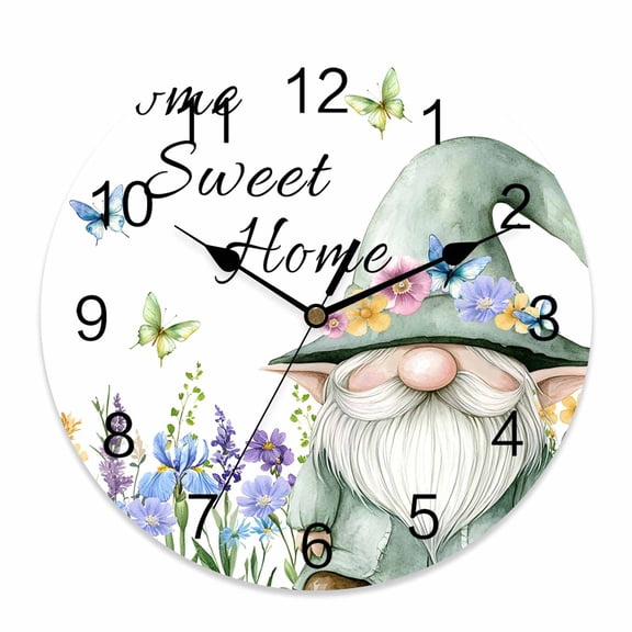 Wall Clock Sweet Home Gnome Clocks PVC Silent Non-Ticking Battery Operated Decorative Floral Butterfly Round Clock for Home Living Room Kitchen Bedroom Office School Wall Decor 10 Inch