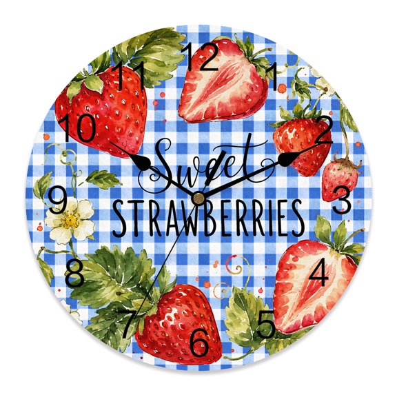 Wall Clock Sweet Strawberry Clocks PVC Silent Non-Ticking Battery Operated Decorative Summer Fruit Flower Blue Plaid Round Clock for Home Living Room Kitchen Bedroom Office School Wall Decor 10 Inch