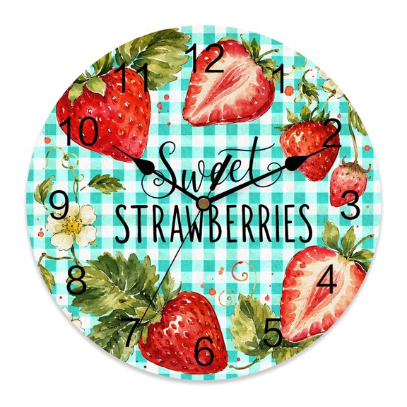 Wall Clock Sweet Strawberry Clocks PVC Silent Non-Ticking Battery Operated Decorative Summer Fruit Flower Mint Plaid Round Clock for Home Living Room Kitchen Bedroom Office School Wall Decor 10 Inch