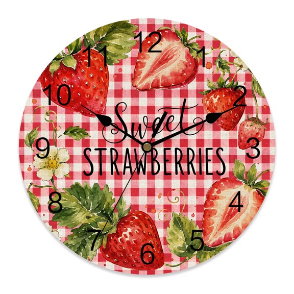 Wall Clock Sweet Strawberry Clocks PVC Silent Non-Ticking Battery Operated Decorative Summer Fruit Flower Red Plaid Round Clock for Home Living Room Kitchen Bedroom Office School Wall Decor 10 Inch