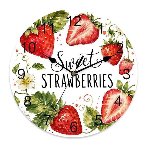 Wall Clock Sweet Strawberry Clocks PVC Silent Non-Ticking Battery Operated Decorative Summer Fruit Flower Round Clock for Home Living Room Kitchen Bedroom Office School Wall Decor 10 Inch
