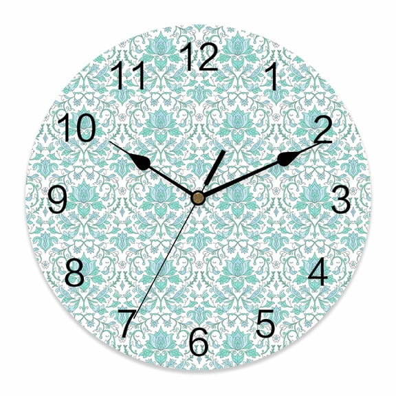 Wall Clock Teal Abstract Flower Clocks PVC Silent Non-Ticking Battery Operated Decorative Abstract Medieval Mural Round Clock for Home Living Room Kitchen Bedroom Office School Wall Decor 10 Inch