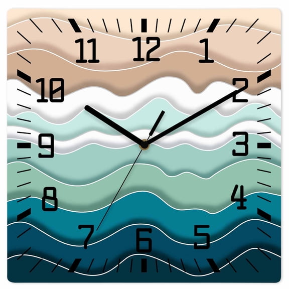 Wall Clock Teal Beach Waves Operated Square Clocks Wooden Silent Non-Ticking Wallclock 10 Inch Abstract Lines Wood Wall Clock for Living Room Bedroom Office Shool Home Decor