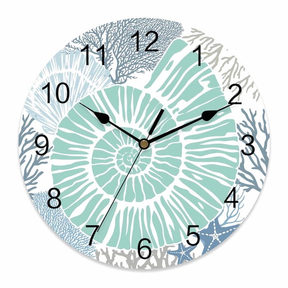 Wall Clock Teal Blue Conch Clocks PVC Silent Non-Ticking Battery Operated Decorative Coral Shell Starfish Round Clock for Home Living Room Kitchen Bedroom Office School Wall Decor 10 Inch