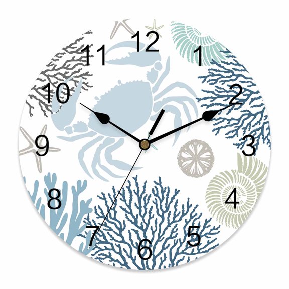 Wall Clock Teal Blue Crab Clocks PVC Silent Non-Ticking Battery Operated Decorative Coral Starfish Shell Round Clock for Home Living Room Kitchen Bedroom Office School Wall Decor 10 Inch