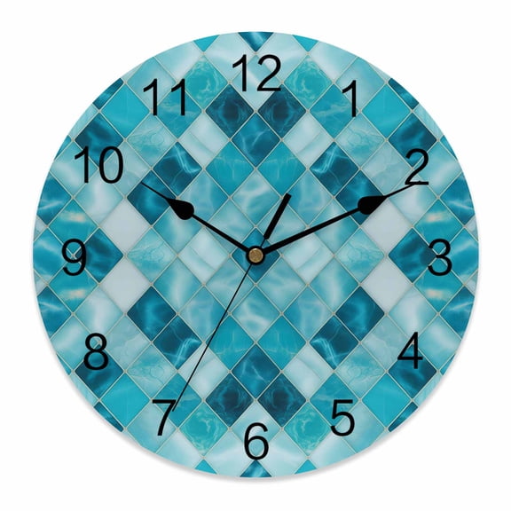 Wall Clock Teal Blue Diamond Clocks PVC Silent Non-Ticking Battery Operated Decorative Modern Geometric Lines Round Clock for Home Living Room Kitchen Bedroom Office School Wall Decor 10 Inch