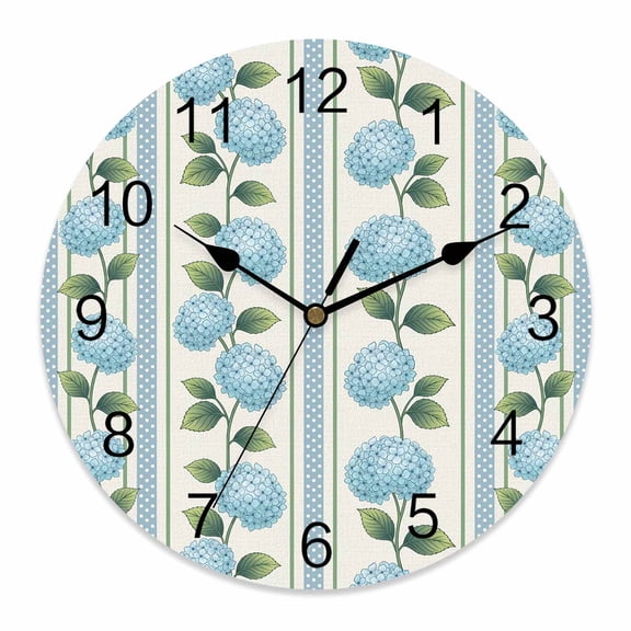 Wall Clock Teal Blue Hydrangea Flower Clocks PVC Silent Non-Ticking Battery Operated Decorative Flower Vines Stripes Round Clock for Home Living Room Kitchen Bedroom Office School Wall Decor 10 Inch