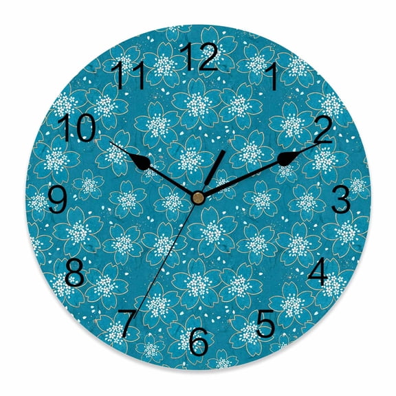 Wall Clock Teal Blue Japanese Flower Clocks PVC Silent Non-Ticking Battery Operated Stars Cherry Blossoms Falling Petals Round Clock for Home Living Room Kitchen Bedroom Office Wall Decor 10 Inch