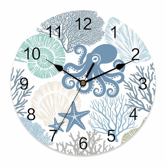 Wall Clock Teal Blue Octopus Clocks PVC Silent Non-Ticking Battery Operated Coastal Starfish Shell Ocean Coral Round Clock for Home Living Room Kitchen Bedroom Office School Wall Decor 10 Inch