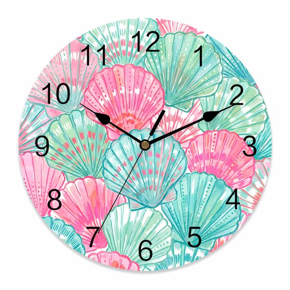 Wall Clock Teal Blue Pink Coastal Shell Clocks PVC Silent Non-Ticking Battery Operated Decorative Ocean Marine Life Round Clock for Home Living Room Kitchen Bedroom Office School Wall Decor 10 Inch