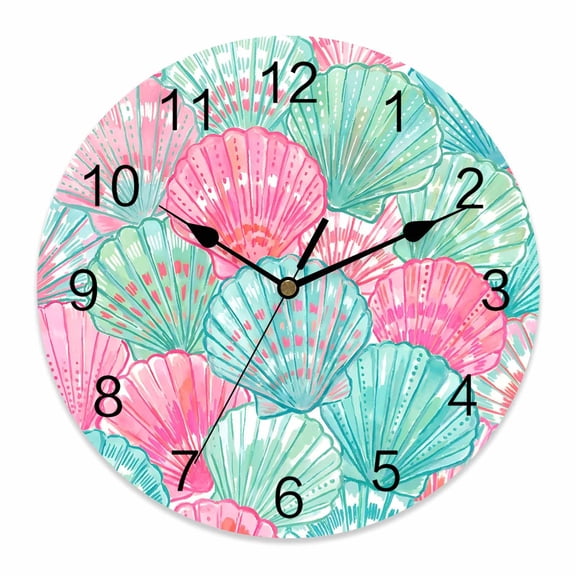 Wall Clock Teal Blue Pink Coastal Shell Clocks PVC Silent Non-Ticking Battery Operated Decorative Ocean Marine Life Round Clock for Home Living Room Kitchen Bedroom Office School Wall Decor 14 Inch