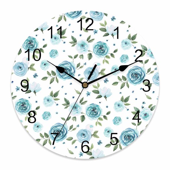 Wall Clock Teal Blue Rose Clocks PVC Silent Non-Ticking Battery Operated Decorative Watercolor Farm Flower Round Clock for Home Living Room Kitchen Bedroom Office School Wall Decor 10 Inch