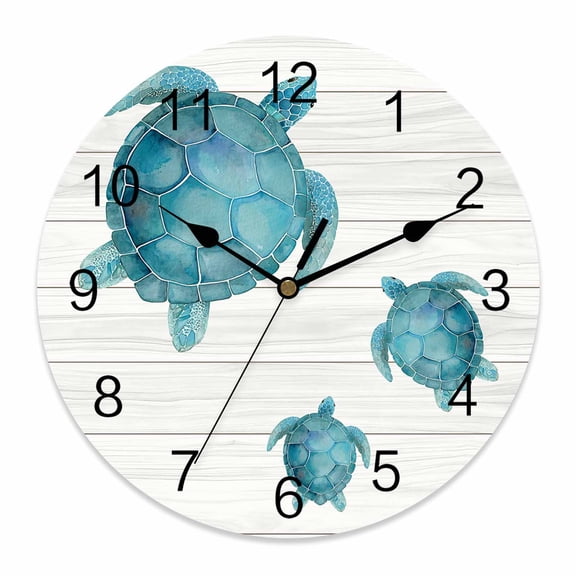 Wall Clock Teal Blue Sea Turtle Clocks PVC Silent Non-Ticking Battery Operated Decorative Ocean Wood Grain Round Clock for Home Living Room Kitchen Bedroom Office School Wall Decor 10 Inch