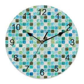 Wall Clock Teal Blue Square Mosaic Clocks PVC Silent Non-Ticking Battery Operated Decorative Coastal Glass Squares Round Clock for Home Living Room Kitchen Bedroom Office School Wall Decor 10 Inch