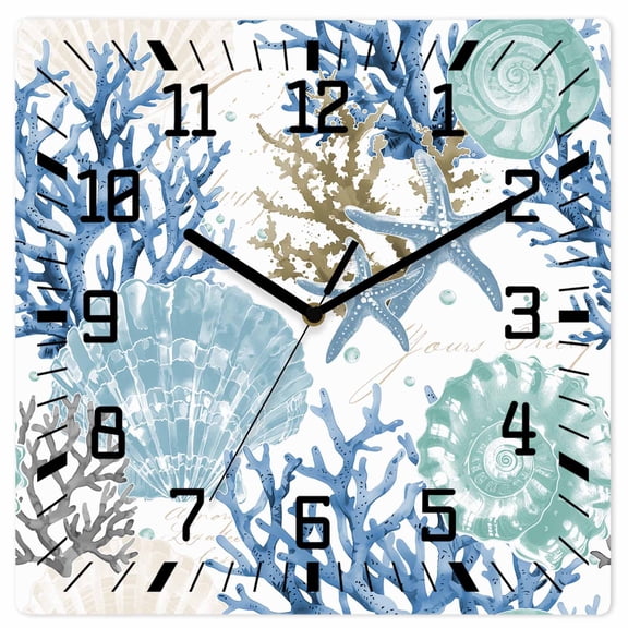 Wall Clock Teal Blue Starfish Conch Operated Square Clocks Wooden Silent Non-Ticking Wallclock 10 Inch Coral Shell Wood Wall Clock for Living Room Bedroom Office Shool Home Decor