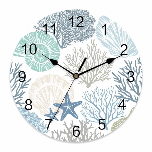 Wall Clock Teal Blue Starfish Shell Clocks PVC Silent Non-Ticking Battery Operated Decorative Coastal Ocean Coral Round Clock for Home Living Room Kitchen Bedroom Office School Wall Decor 10 Inch