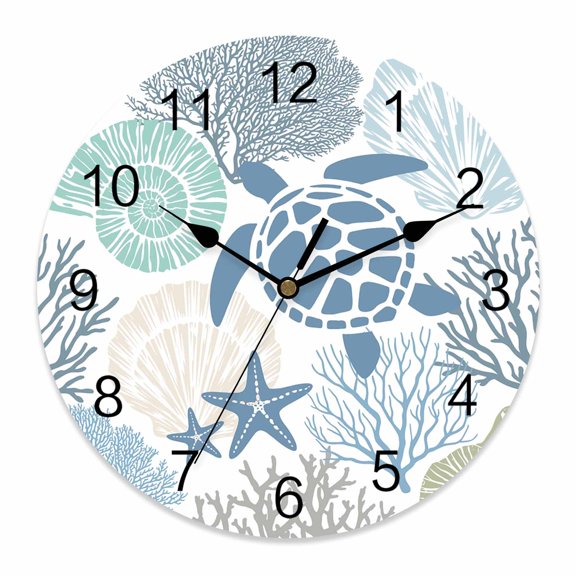 Wall Clock Teal Blue Turtle Clocks PVC Silent Non-Ticking Battery Operated Coastal Starfish Shell Ocean Coral Round Clock for Home Living Room Kitchen Bedroom Office School Wall Decor 10 Inch