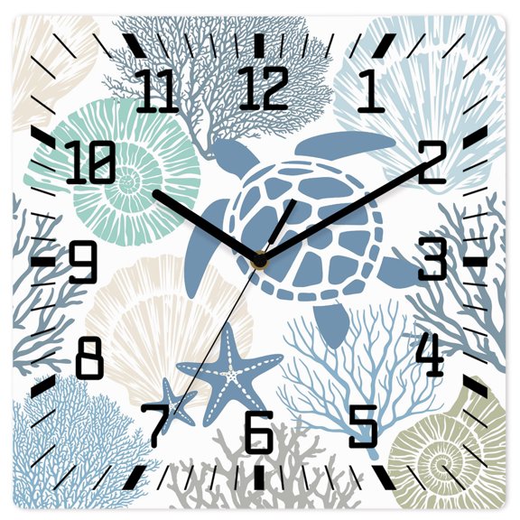 Wall Clock Teal Blue Turtle Operated Square Clocks Wooden Silent Non-Ticking Wallclock 10 Inch Coastal Starfish Shell Ocean Coral Wood Wall Clock for Living Room Bedroom Office Shool Home Decor