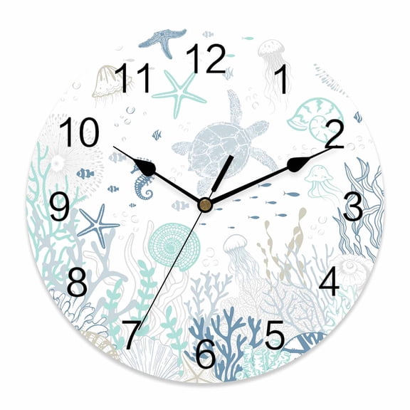 Wall Clock Teal Blue Turtle Shell Clocks PVC Silent Non-Ticking Battery Operated Decorative Coral Conch Seaweed Starfish Round Clock for Home Living Room Kitchen Bedroom Office Wall Decor 14 Inch