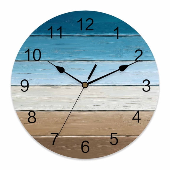 Wall Clock Teal Blue Wood Grain Clocks PVC Silent Non-Ticking Battery Operated Decorative Brown Ombre Wooden Round Clock for Home Living Room Kitchen Bedroom Office School Wall Decor 10 Inch